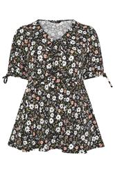 YOURS Curve Black Floral Bow Front Peplum Top