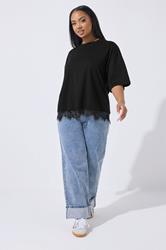 LIMITED COLLECTION Plus Size Black Oversized Lace Hem T-Shirt | Yours Clothing 1
