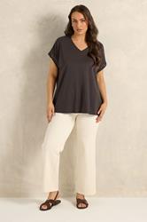 EVANS Plus Size Chocolate Brown Crochet Trim Cotton V Neck T-Shirt | Evans 1