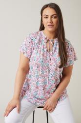 EVANS Plus Size Pink Floral Print Tie Neck Blouse | Evans 3