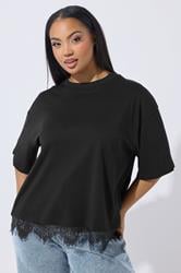 LIMITED COLLECTION Plus Size Black Oversized Lace Hem T-Shirt | Yours Clothing 3