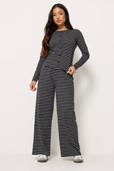 PixieGirl Petite Women's Set Black Stripe Cotton Button Top & Wide Leg Trousers | PixieGirl 3