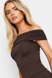 Petite Chocolate Brown Ribbed Bardot Top | PixieGirl  4