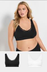 YOURSET 2 PACK Plus Size Black & White Lace Trim Seamless Bralette | Yours Clothing 1