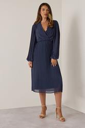 LTS Tall Navy Blue Chiffon Dobby Pleated Wrap Midi Dress | Long Tall Sally 1