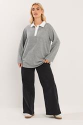 YOURS Plus Size Grey Long Sleeve Rugby Collar Top | Yours Clothing 2