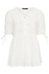 YOURS Curve White Broderie Anglaise Bow Tie Front Peplum Top