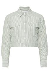 PixieGirl Petite Green Linen Striped Pocket Shirt