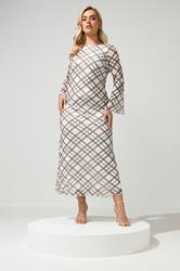 YOURS LONDON Plus Size Ivory White & Brown Checked Mesh Dress | Yours Clothing 1