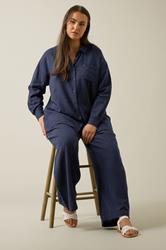 EVANS Plus Size Navy Blue Wide Leg Premium Linen Trousers | Evans 1