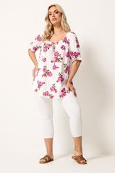 YOURS Plus Size White Floral Print Puff Sleeve Top | Yours Clothing 1