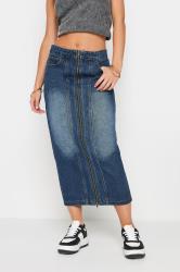 PixieGirl Petite Women's Blue Denim Zip Front Midi Skirt | PixieGirl 1
