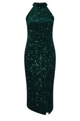 YOURS LONDON Curve Green Velvet Sequin Halterneck Maxi Dress