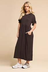PixieGirl Petite Women's Brown Frill Sleeve Smock Midi Dress | PixieGirl 3