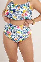 YOURS Plus Size Blue Mediterranean Tile Super High Waisted Bikini Briefs | Yours Clothing 3