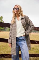 PixieGirl Petite Women's Beige Brown Check Midi Coat | PixieGirl 3