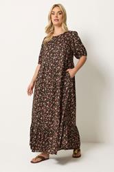 YOURS Plus Size Brown Ditsy Floral Smock Maxi Dress | Yours Clothing 1