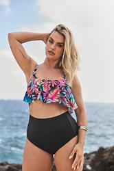 YOURS Plus Size Black Tropical Print Frill Bikini Top | Yours Clothing 1