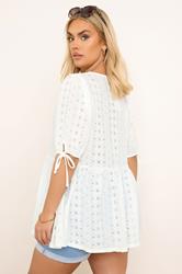 YOURS Plus Size White Broderie Anglaise Bow Tie Front Peplum Top | Yours Clothing 6