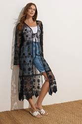 M&Co Black Mesh Embroidered Tie Front Kimono | M&Co 1