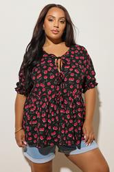 YOURS Plus Size Black Cherry Bow Tie Front Peplum Top | Yours Clothing 3