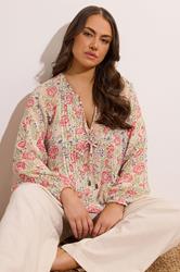 EVANS Plus Size Natural Brown Floral Tie Neck Blouse | Evans 1