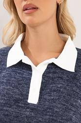 YOURS Plus Size Navy Blue Rugby Collar Soft Touch Top | Yours Clothing 5