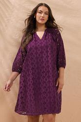 EVANS Plus Size Purple Long Sleeve Broderie Dress | Evans 3