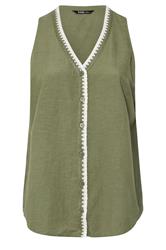 YOURS Plus Size Khaki Green Blanket Stitch Linen Vest Top | Yours Clothing 6
