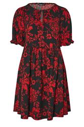 YOURS Curve Black & Red Floral Tie Neck Mini Dress