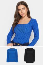 PixieGirl 2 PACK Black & Blue Spot Print Square Neck Tops | PixieGirl 3