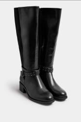 Black Faux Leather Buckle Detail Knee High Boots In Extra Wide EEE Fit | Yours Clothing 1