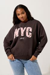 YOURS Plus Size Chocolate Brown 'NYC' Check Sweatshirt | Yours Clothing 3