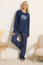 LTS Tall Navy Blue 'Cosy Nights' Slogan Wide Leg Cotton Pyjama Set | Long Tall Sally 3