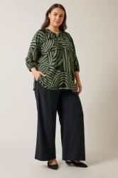 EVANS Plus Size Khaki Green Abstract Print Tie Neck Blouse | Evans 2