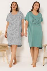 YOURSET Plus Size 2 PACK Green Paris Scene Nightdresses | Yours Clothing 1