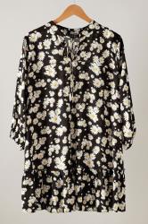 EVANS Curve Black Daisy Print Frill Hem Tunic Top