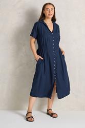 EVANS Plus Size Navy Blue Linen Shirred Waist Midi Dress | Evans 1