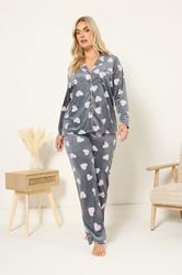 YOURS Plus Size Grey Animal Heart Print Fleece Pyjama Set | Yours Clothing 5