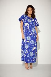 PixieGirl Petite Women's Blue Floral Tie Neck Midi Dress | PixieGirl 3