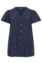 YOURS Curve Navy Blue Button Through Linen Blouse
