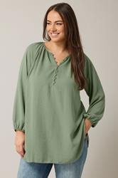 EVANS Plus Size Khaki Green Button Front Long Sleeve Blouse | Evans 3