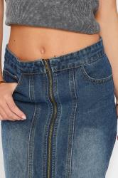 PixieGirl Petite Women's Blue Denim Zip Front Midi Skirt | PixieGirl 4