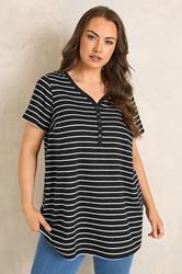 EVANS Plus Size Black Stripe Short Sleeve Cotton Henley Top | Evans 1