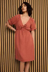 PixieGirl Petite Women's Rust Orange Tie Front Cotton Mini Dress | PixieGirl 1