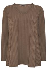 YOURS Curve Mocha Brown Ribbed Swing T-Shirt
