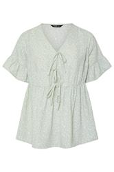 YOURS Curve Sage Green Ditsy Floral Tie Front Peplum Top
