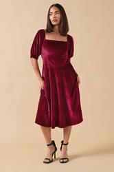 PixieGirl Petite Women's Burgundy Red Square Neck Velvet Dress | PixieGirl 3