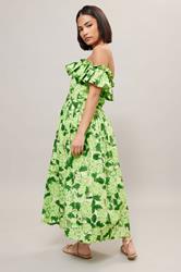 PixieGirl Petite Women's Green Floral Ruffle Cotton Bardot Midi Dress | PixieGirl 4