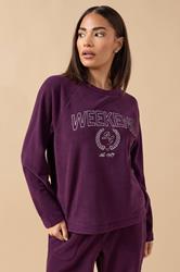 PixieGirl Petite Women's Burgundy Red 'Weekend' Slogan Fleece Lounge Top | PixieGirl 3